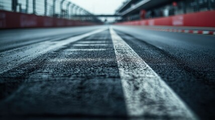 Wall Mural - an empty formula 1 track captured in a close-up shot, showcasing the detailed racing surface and gra