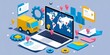 © Prime path 515 - Modern isometric design featuring a computer, truck, world map, and tracking icons, symbolizing e-commerce logistics, shipment monitoring, and global supply chain management