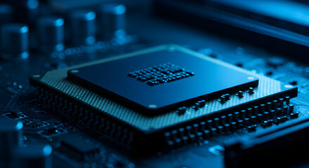 Poster - Close Up of Microchip on Circuit Board with Blue Lighting Illustrating Technology and Computer Hardware