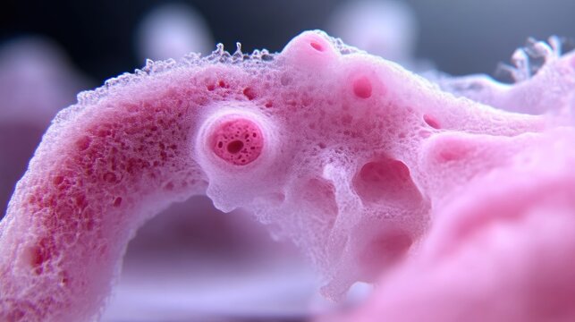 Abstract close-up view of a  pink, porous, organic structure, resembling a sea creature or cellular growth.  Detailed surface texture, with visible cavities and a  soft, almost spongy appearance