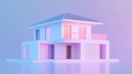 Poster - 3D Render of a modern house with a pink and blue color gradient background for architecture or real estate