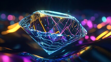 Poster - Glowing diamond with abstract neon lines on dark background ideal for cryptocurrency tech and luxury themes