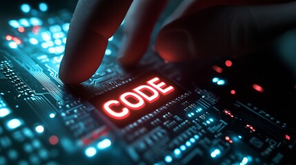 Fototapete - Coding concept: finger touching illuminated circuit board with code text on electronic background 