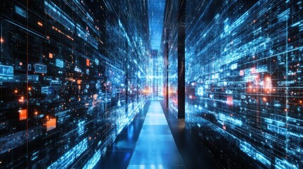 Aufkleber - Futuristic server room filled with digital data streams