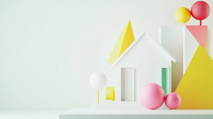 Aufkleber - Abstract Geometric Composition with House Form and Spherical Shapes, clean and Minimalist
