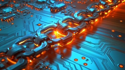 Fototapete - Glowing chain on circuit board digital connection with security technology concept on blue and orange background 