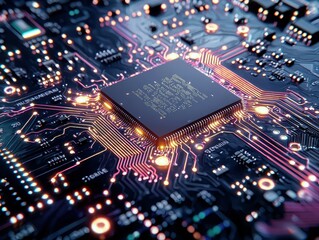Poster - Close-up of a futuristic electronic circuit board with glowing components.