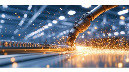 Poster - Robotic arm welding metal with sparks flying in a modern industrial setting.