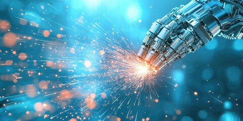 Poster - Futuristic robotic hand creating sparks in a vibrant digital environment.