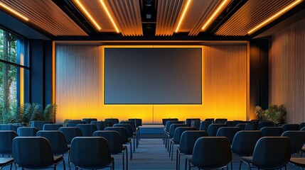 modern presentation room showcasing an empty screen surrounded by comfortable chairs ready for a conference in a minimalist design style