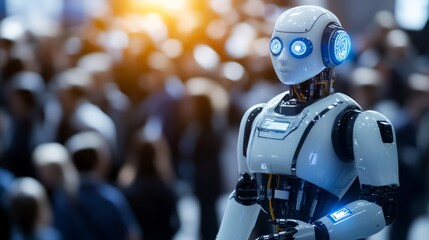 Poster - futuristic robot stands out in a crowd: artificial intelligence engineering and technology meet huma