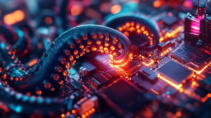 Fototapete - Mechanical tentacle assembling circuits: futuristic technology and artificial intelligence concept glowing circuit board detail with robotic arm digital transformation background for tech and science 