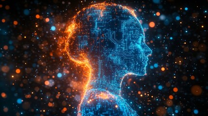 Poster - ai woman profile: glowing circuitry and digital particles on dark background