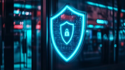 Poster - Cybersecurity shield emblem on glass: digital protection for data and network safety 