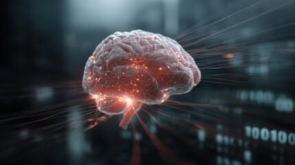 Poster - A digitally rendered brain connected to data streams, symbolizing the fusion of technology and human intellect in modern science.