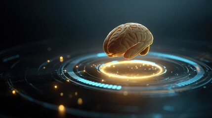 Poster - A futuristic depiction of a brain floating above a glowing interface, symbolizing technology and intelligence.