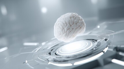 Poster - A futuristic depiction of a human brain floating above a sleek, high-tech platform, symbolizing innovation and intelligence.