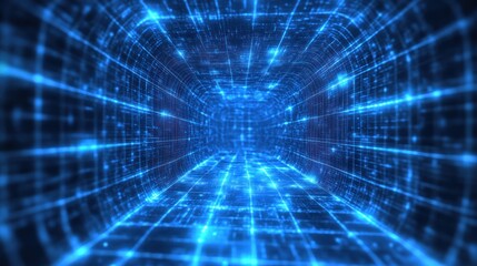 Poster - A futuristic digital tunnel with glowing blue lines creating an immersive sci-fi atmosphere, perfect for technological themes.