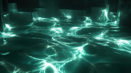 Poster - Teal energy flows through a crystalline architectural structure.