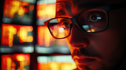 Poster - Man intensely studying economic trends and charts on computer screens in financial workspace