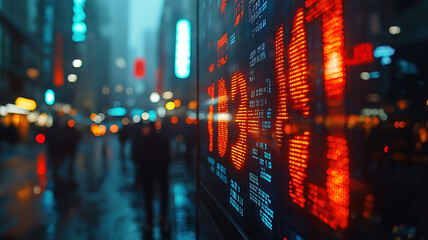 Poster - Blurred city street lights create a bokeh effect behind a stock market screen displaying financial data