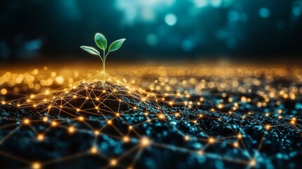 Poster - Renewable energy seedling with digital network symbolizing growth and technology highlighting sustainable development with a connected background emphasizing eco-friendly future 