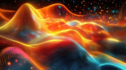 Fototapete - Abstract colorful wave pattern with vibrant orange, blue, and red hues creating a dynamic visual of flowing energy and digital representation of sound or light