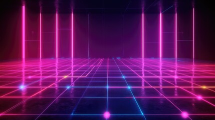 Fototapete - Futuristic neon grid with glowing lines and vibrant colors in a dark space, perfect for technology, gaming, or retro-themed projects and designs.