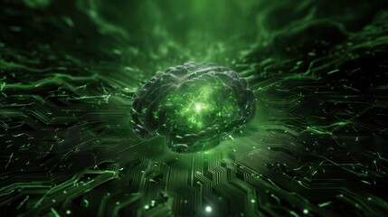 Poster - A mesmerizing digital illustration showcasing a glowing green orb surrounded by an intricate web of circuitry.
