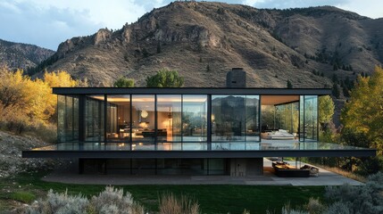 Poster - Modern Glass House Surrounded by Mountains and Nature, Showcasing a Minimalist Design and Open Living Spaces in an Idyllic Outdoor Setting