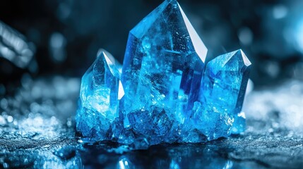 Poster - Stunning Blue Crystals with Intricate Facets Glimmering Under Soft Light, Capturing the Natural Beauty and Awe of Mineral Formations in a Striking Close-Up Shot