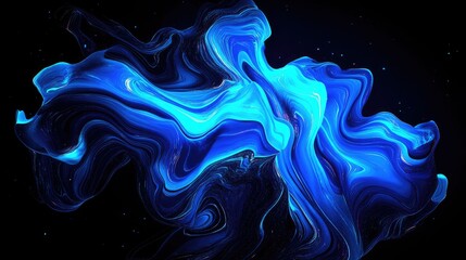 Poster - Vibrant Abstract Blue Swirls and Waves on Dark Background, Fluid Dynamics, Colorful Liquid Motion Illustration in Artistic Style, Perfect for Modern Design Projects