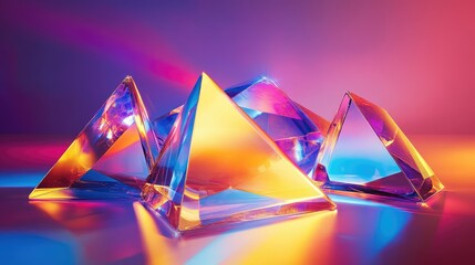 Poster - Colorful Crystal Pyramids on Reflective Surface with Vibrant Lights Creating a Stunning Abstract Background