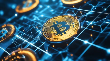 Poster - Bitcoin Cryptocurrencies Digital Art With Glowing Blockchain Technology on Dark Background