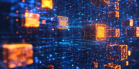 Poster - Floating Cubes Create a Vibrant Digital Landscape Depicting Futuristic Technology in Motion