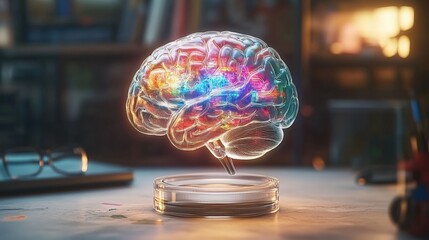 Poster - Translucent illuminated brain model with vibrant multicolored lights resting on a glass pedestal atop a desk in a blurred study background scene