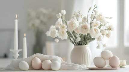 Poster - Elegant Still Life with Natural Eggs, White Flowers, and Soft Candlelight Creating a Serene Atmosphere for Easter and Spring Celebrations in a Cozy Setting