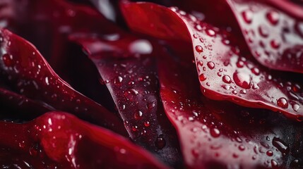 Poster - Close-Up of Fresh, Wet Red Petals with Raindrops, Showcasing Vibrant Texture and Rich Color for Nature, Floral and Abstract Backgrounds
