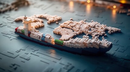 Poster - Miniature Container Ship on Pixelated World Map Over Circuit-Board Surface with Warm Lights Illuminating the Unique Seas of Digital Connectivity