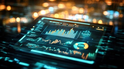 Poster - Futuristic tablet showcasing dynamic financial data with vibrant graphs and charts illuminated by a beautiful blurred city lights backdrop at night