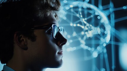 Poster - A thoughtful individual wearing glasses, gazing at a digital representation of brain connections and networks, symbolizing innovation.