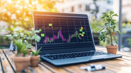 Poster - a silver laptop showcasing a stock market graph on a wooden outdoor table, surrounded by potted plan