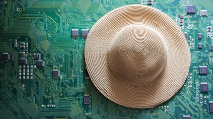 Fototapete - Summer hat on tech: a straw sun hat rests on a vibrant circuit board background blending relaxation with technology in a unique conceptual composition 