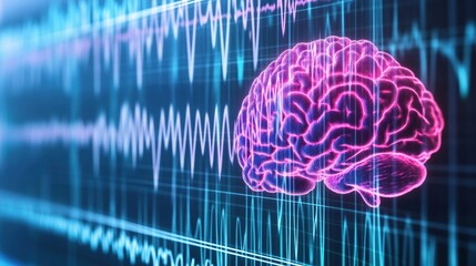 Poster - A Vibrant Pink Translucent Brain Superimposed on Dynamic Teal Wave Patterns Representing Brain Activity and Neural Networks Visualization Concept