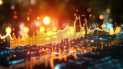 Poster - Abstract digital illustration of dynamic stock market graph with glowing orange and yellow lines over blurred city lights and circuit board background