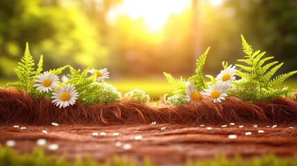 Poster - Sunlit Daisies and Ferns Growing in Mossy Clumps on Reddish-Brown Ground Cover Surrounded by Lush Green Forest and Soft Bright Sunlight
