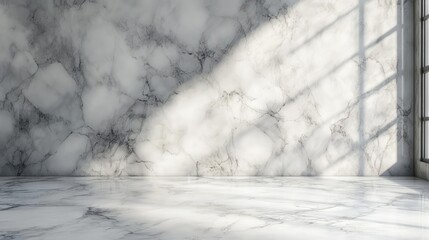 Poster - Bright and Spacious Interior with Elegant Marble Wall and Floor, Capturing Soft Sunlight Through Large Windows for a Serene Atmosphere