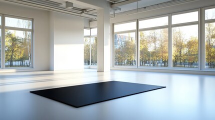 Poster - A spacious minimalist white room with industrial accents large revealing autumn trees and a dark rectangular mat on polished wooden floor design