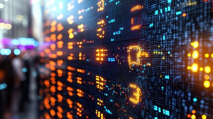 Poster - Close-Up View of a Digital Display Wall Presenting a Vibrant Data Stream in Orange, Blue, and White Against a Blurred City Street Background