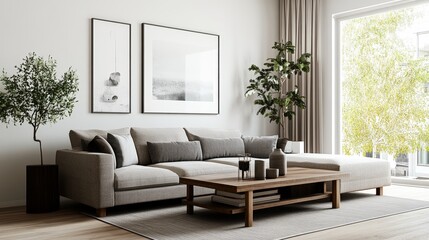 Poster - Modern living room with light beige sectional sofa, gray throw pillows, minimalist art on walls, low wooden coffee table, and stylish potted plants decor